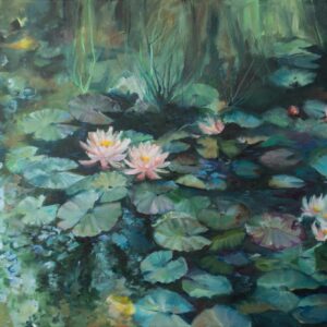 Pink water lily pond, original oil painting on canvas.