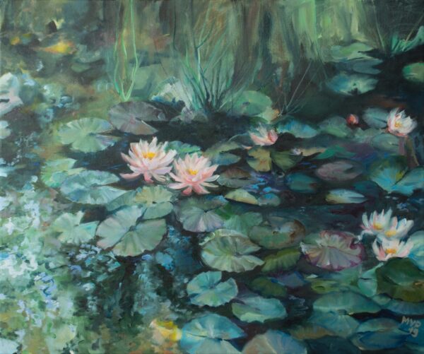 Pink water lily pond, original oil painting on canvas.