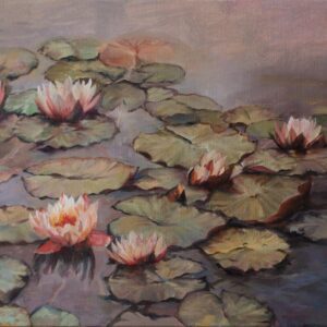 Lotus pond in fog, original oil painting on canvas