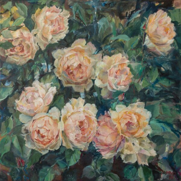 Yellow rose bush painting, oil on canvas, original.