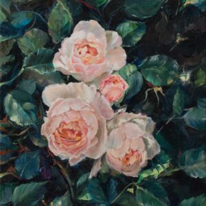 Original oil painting, pink rose bush