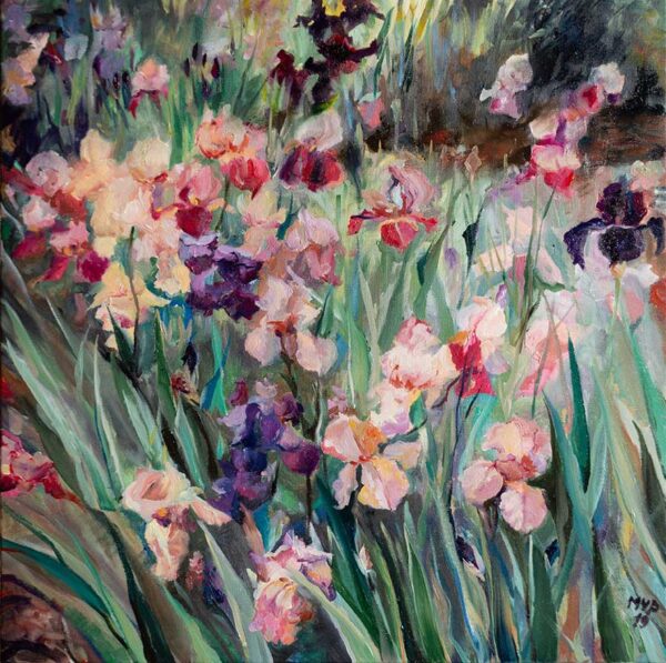 Iris garden in bloom, nature, original oil painting.